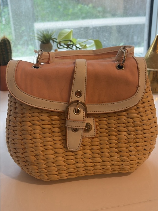 Handbags - Woven Straw Bucket Bag with Coral Top and White Trim